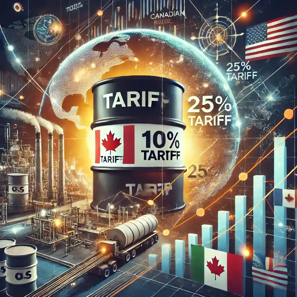 An illustration featuring an oil barrel labeled with '10% Tariff' and '25% Tariff,' a U.S. refinery, trade route maps, and financial charts.