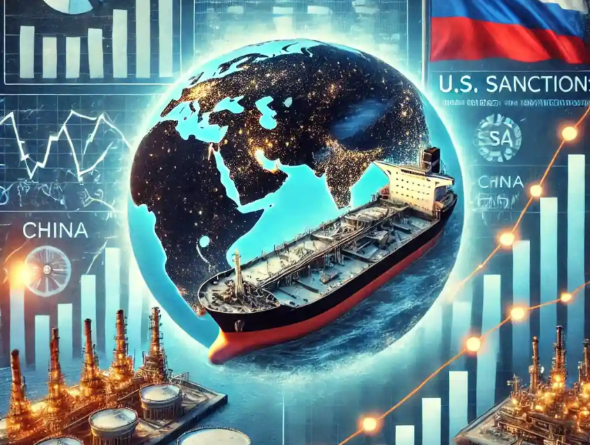 An illustration of an oil tanker stranded at sea with a 'Sanctions' label, rising oil price charts, trade route maps, and refinery imagery from China and India.