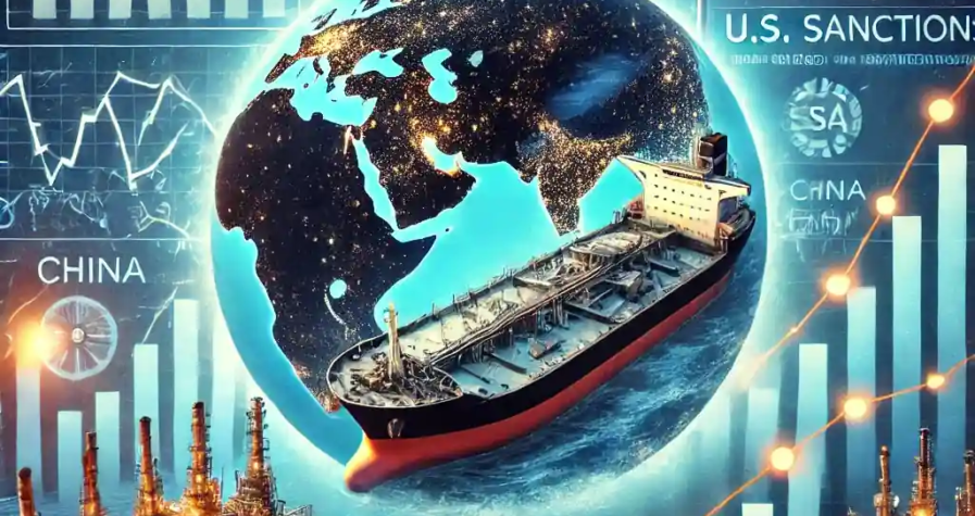 An illustration of an oil tanker stranded at sea with a 'Sanctions' label, rising oil price charts, trade route maps, and refinery imagery from China and India.