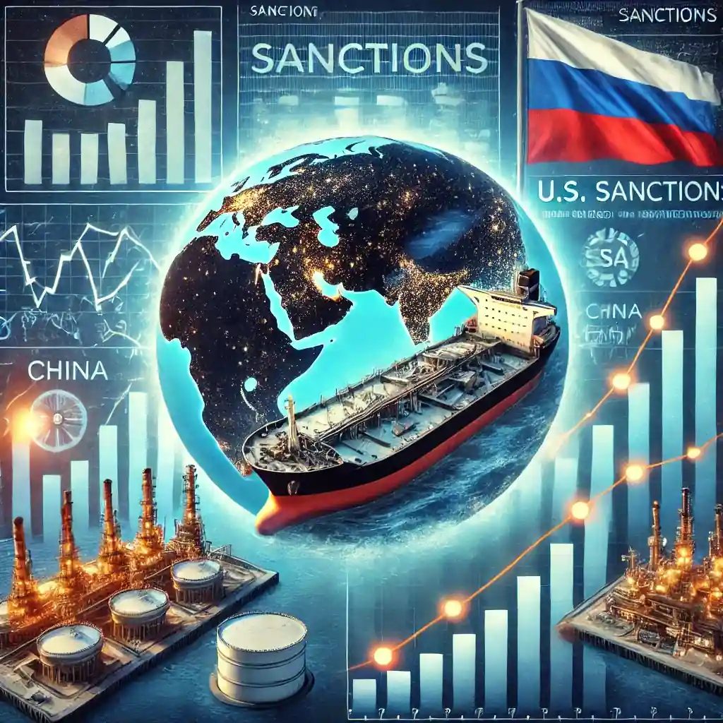 An illustration of an oil tanker stranded at sea with a 'Sanctions' label, rising oil price charts, trade route maps, and refinery imagery from China and India.