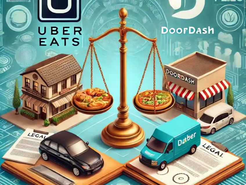 An illustration featuring the Uber Eats and DoorDash logos on a digital scale, legal documents, restaurant storefronts, and delivery app interfaces.