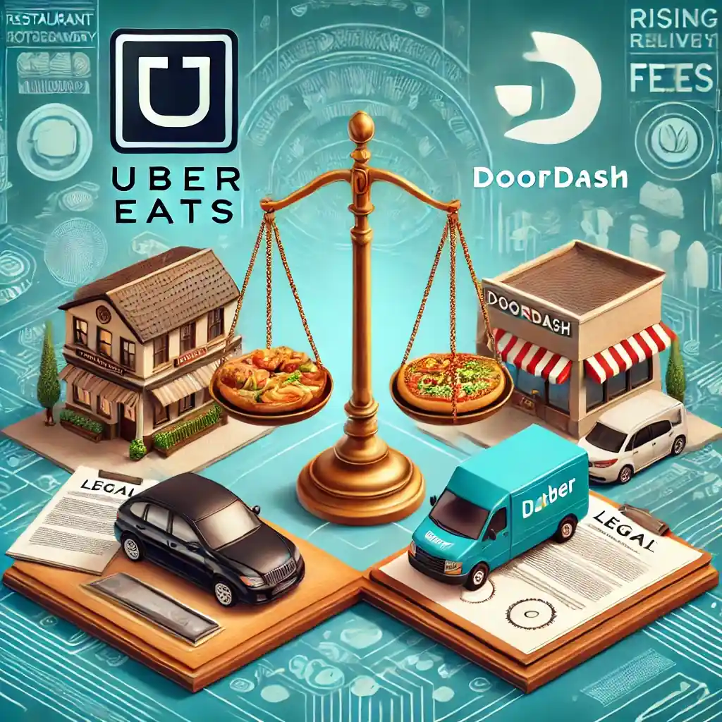 An illustration featuring the Uber Eats and DoorDash logos on a digital scale, legal documents, restaurant storefronts, and delivery app interfaces.