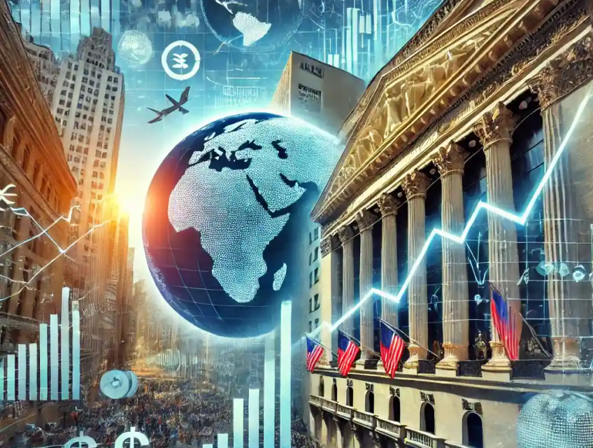 An illustration featuring a rising stock market graph, the New York Stock Exchange, European and Chinese stock charts, and trade tariff symbols.