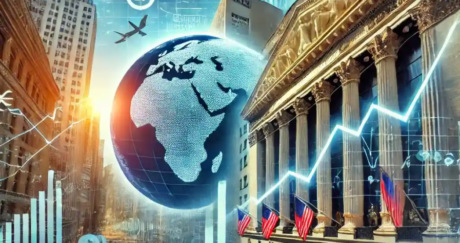 An illustration featuring a rising stock market graph, the New York Stock Exchange, European and Chinese stock charts, and trade tariff symbols.