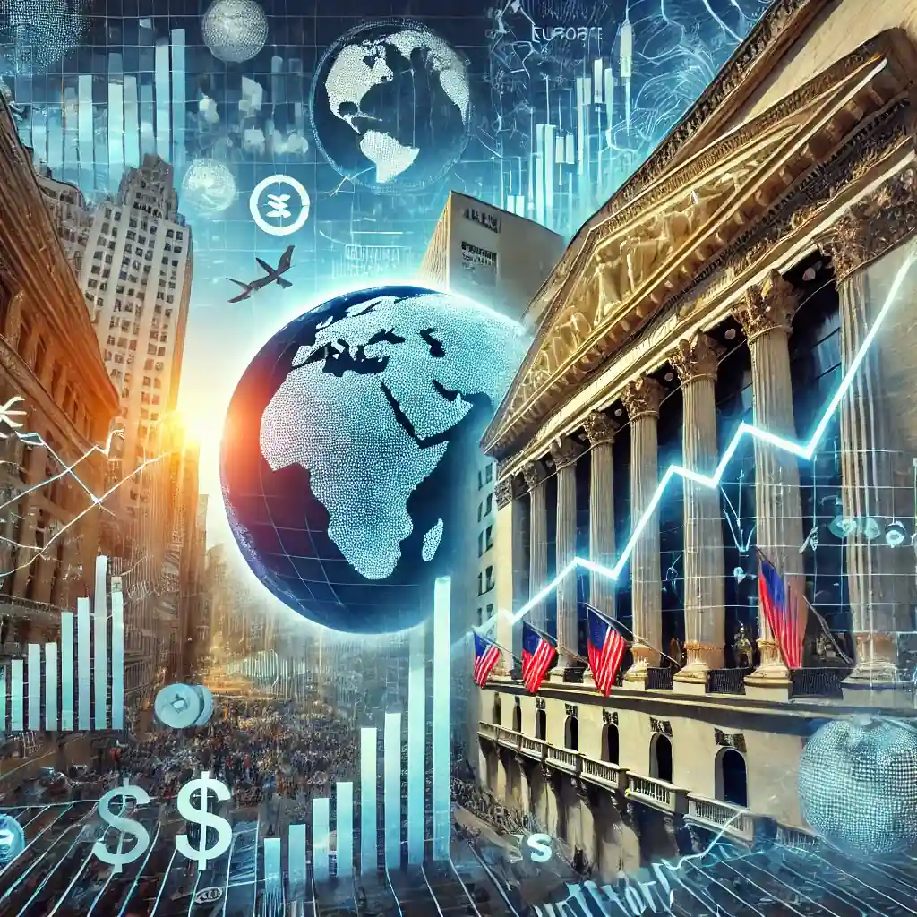 An illustration featuring a rising stock market graph, the New York Stock Exchange, European and Chinese stock charts, and trade tariff symbols.