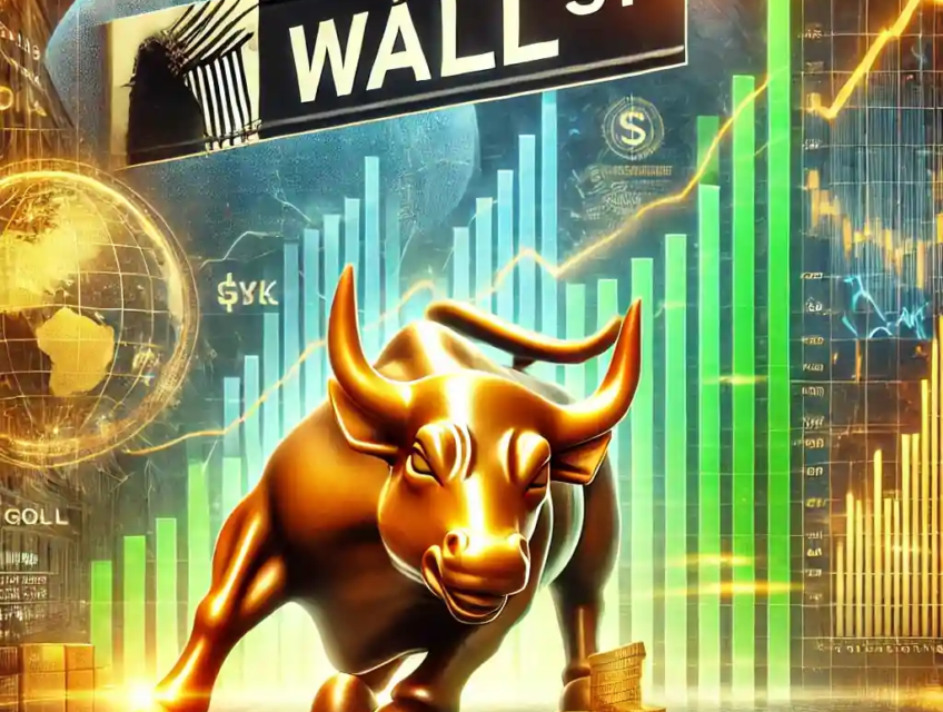 Illustration dynamique de Wall Street atteignant un nouveau sommet boursier, avec en arrière-plan des indicateurs économiques contrastés et des tensions géopolitiques.