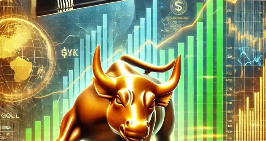 Illustration dynamique de Wall Street atteignant un nouveau sommet boursier, avec en arrière-plan des indicateurs économiques contrastés et des tensions géopolitiques.