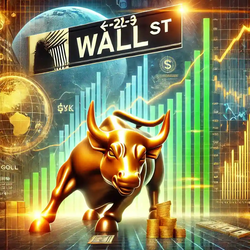 Illustration dynamique de Wall Street atteignant un nouveau sommet boursier, avec en arrière-plan des indicateurs économiques contrastés et des tensions géopolitiques.