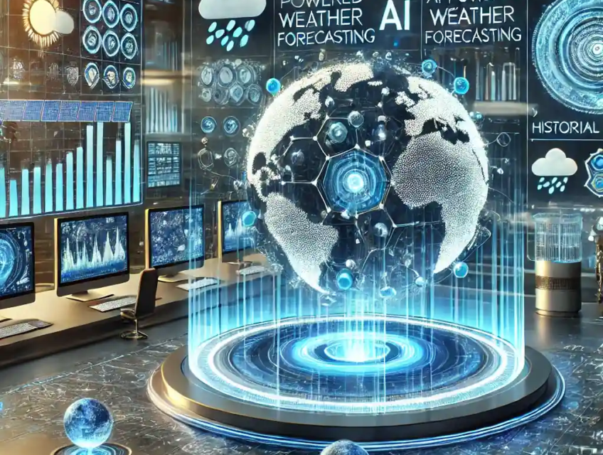 Illustration futuriste montrant un centre de contrôle high-tech avec des cartes météorologiques holographiques affichant des données météorologiques en temps réel. Des supercalculateurs analysent les tendances climatiques grâce à l’intelligence artificielle.