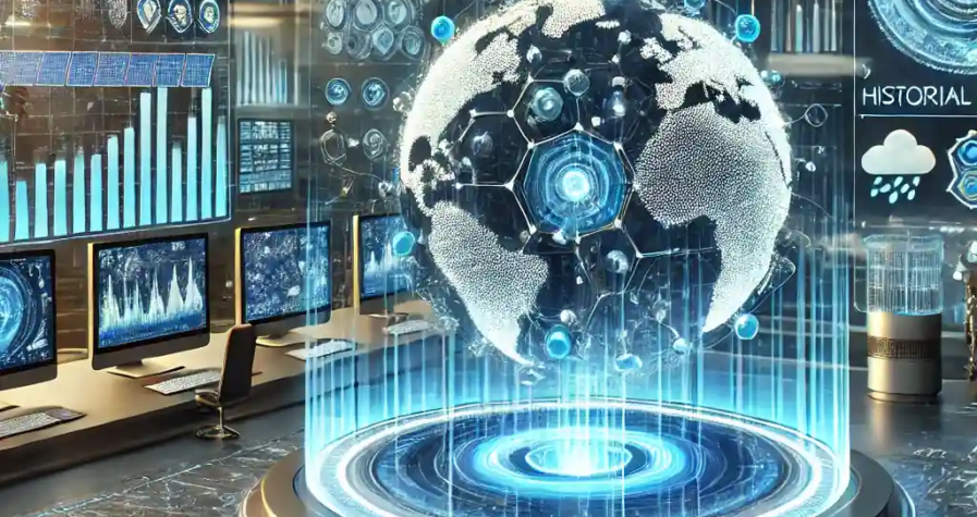 Illustration futuriste montrant un centre de contrôle high-tech avec des cartes météorologiques holographiques affichant des données météorologiques en temps réel. Des supercalculateurs analysent les tendances climatiques grâce à l’intelligence artificielle.