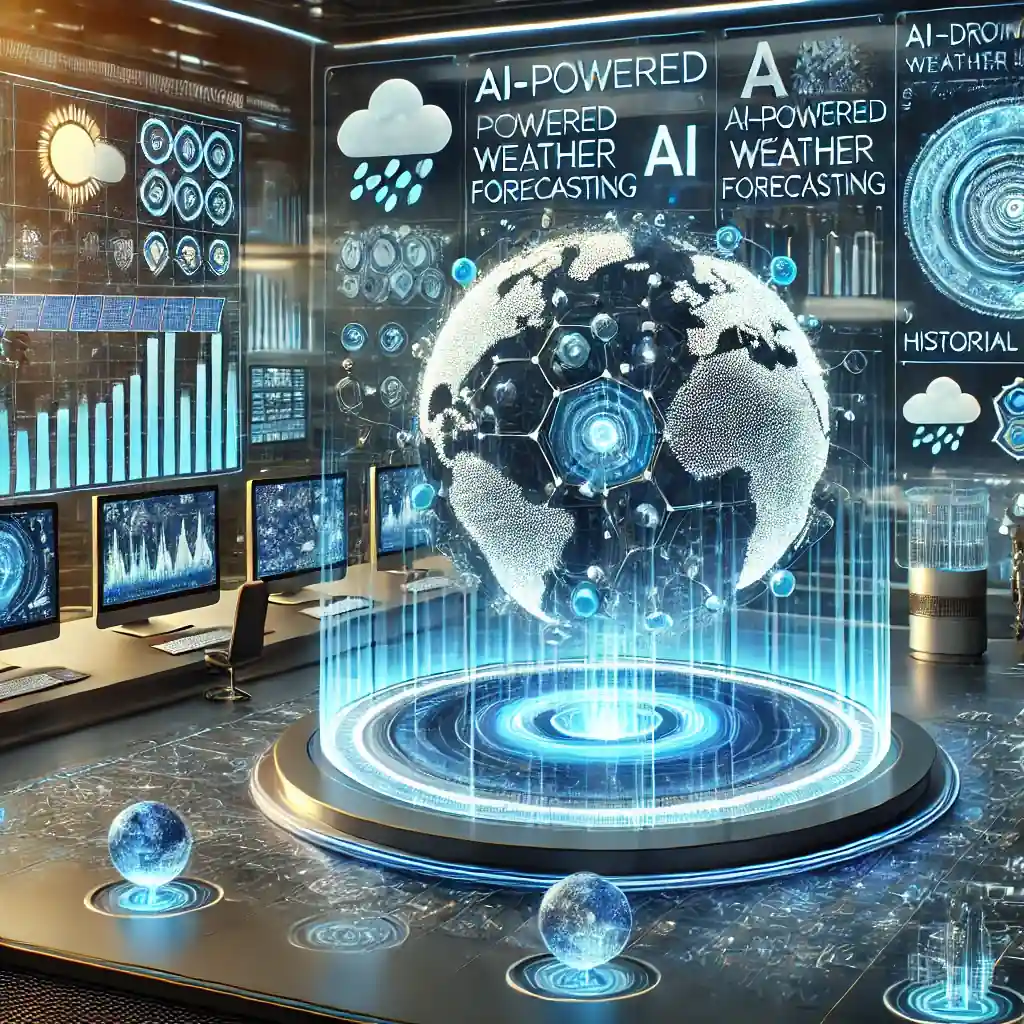 Illustration futuriste montrant un centre de contrôle high-tech avec des cartes météorologiques holographiques affichant des données météorologiques en temps réel. Des supercalculateurs analysent les tendances climatiques grâce à l’intelligence artificielle.