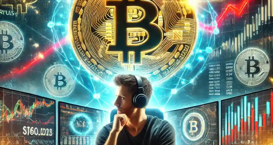 Illustration numérique représentant un YouTuber crypto analysant les graphiques du Bitcoin et évoquant les risques d'une chute sous les 60 000 dollars.