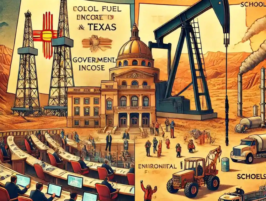 Illustration symbolique de l’augmentation des redevances pétrolières au Nouveau-Mexique avec carte du Permian Basin, votes législatifs, écoles financées et manifestants écologistes.
