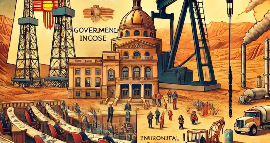 Illustration symbolique de l’augmentation des redevances pétrolières au Nouveau-Mexique avec carte du Permian Basin, votes législatifs, écoles financées et manifestants écologistes.