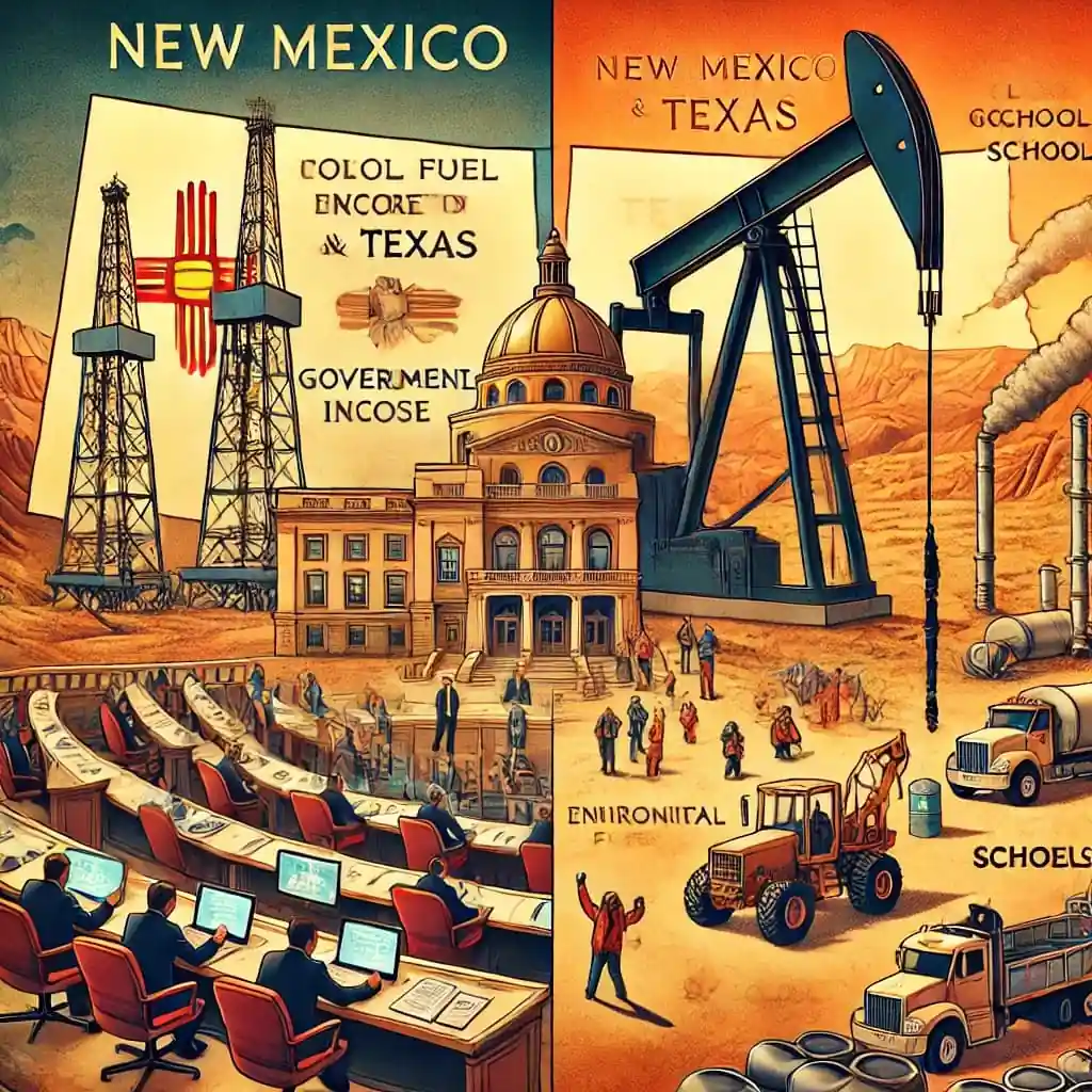 Illustration symbolique de l’augmentation des redevances pétrolières au Nouveau-Mexique avec carte du Permian Basin, votes législatifs, écoles financées et manifestants écologistes.