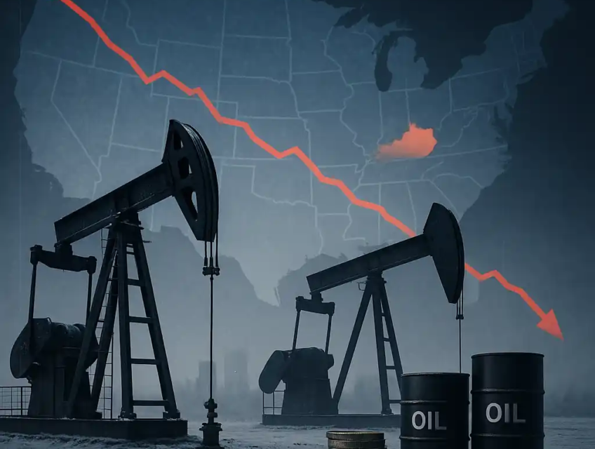 Pompes de forage à l’arrêt devant une carte bleutée des États-Unis avec un graphique pétrolier en baisse.