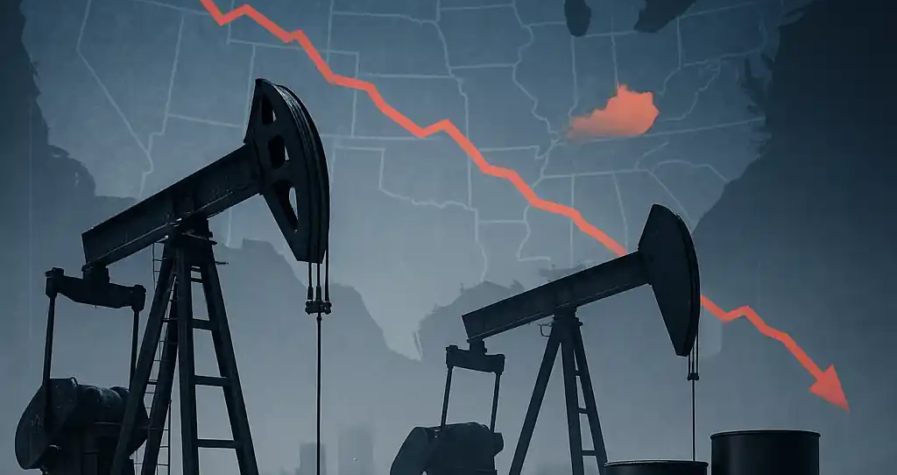 Pompes de forage à l’arrêt devant une carte bleutée des États-Unis avec un graphique pétrolier en baisse.