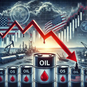 Illustration numérique montrant la baisse du pétrole avec flèches rouges et symboles géopolitiques