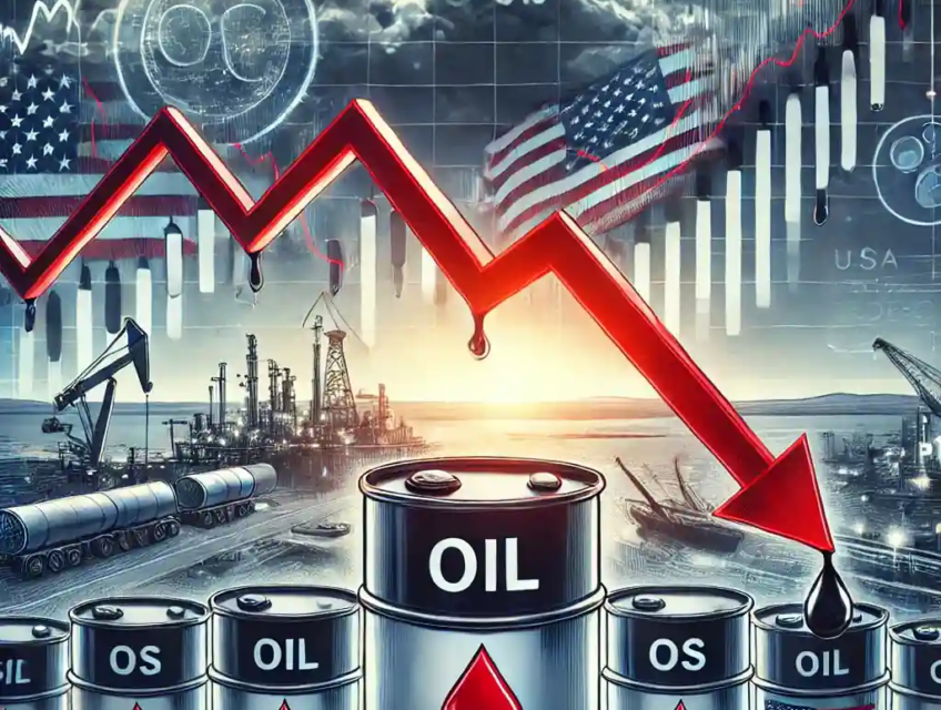 Illustration numérique montrant la baisse du pétrole avec flèches rouges et symboles géopolitiques