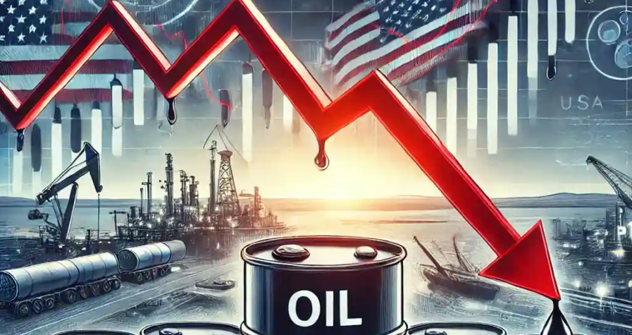 Illustration numérique montrant la baisse du pétrole avec flèches rouges et symboles géopolitiques