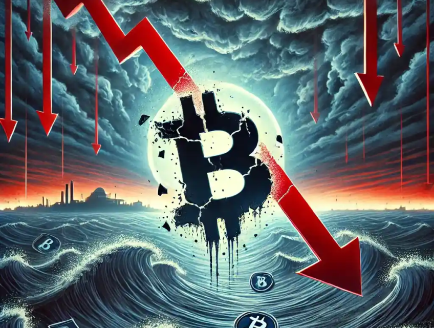 Digital illustration of a cracked Bitcoin symbol sinking into stormy waters, symbolizing a cryptocurrency market crash.