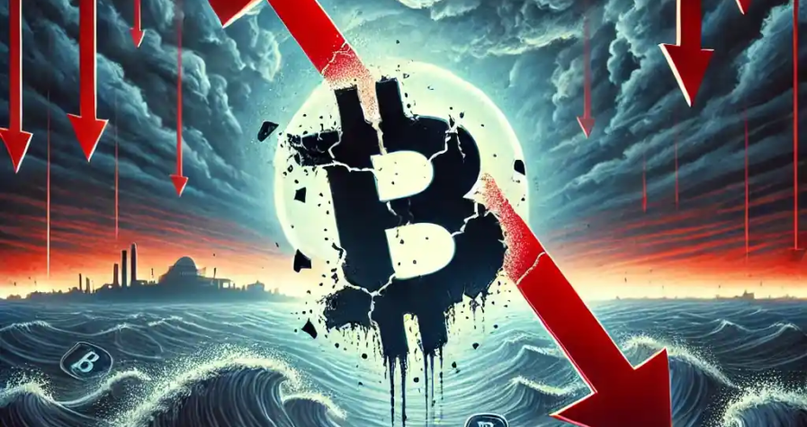 Digital illustration of a cracked Bitcoin symbol sinking into stormy waters, symbolizing a cryptocurrency market crash.
