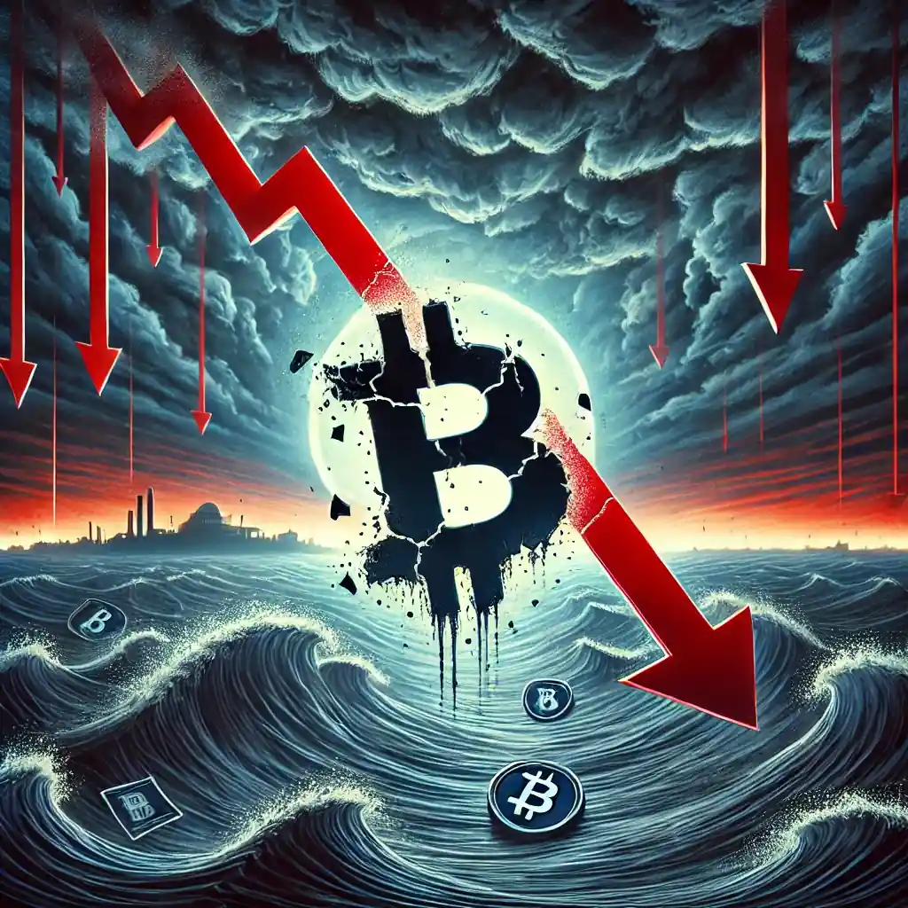 Digital illustration of a cracked Bitcoin symbol sinking into stormy waters, symbolizing a cryptocurrency market crash.