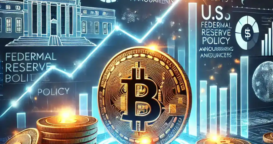 Futuristic digital illustration of Bitcoin’s price rebound, featuring a glowing Bitcoin coin, rising market graphs, and economic policy elements.