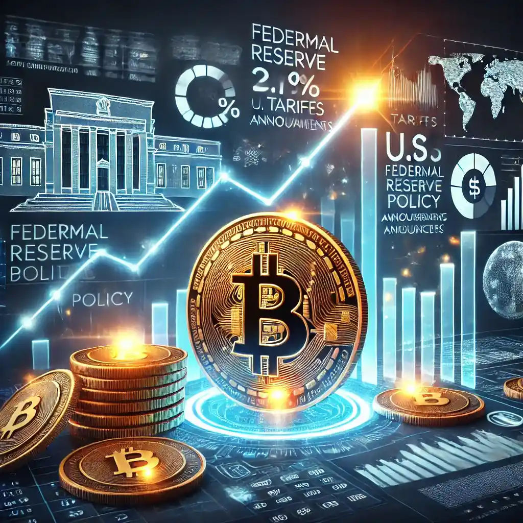 Futuristic digital illustration of Bitcoin’s price rebound, featuring a glowing Bitcoin coin, rising market graphs, and economic policy elements.