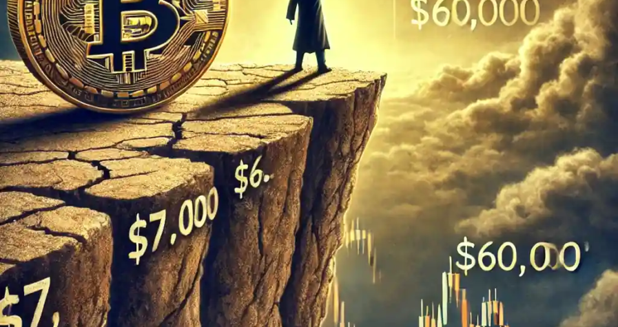 Dramatic illustration of Bitcoin on the edge of a cliff marked $71,000, symbolizing market risk.