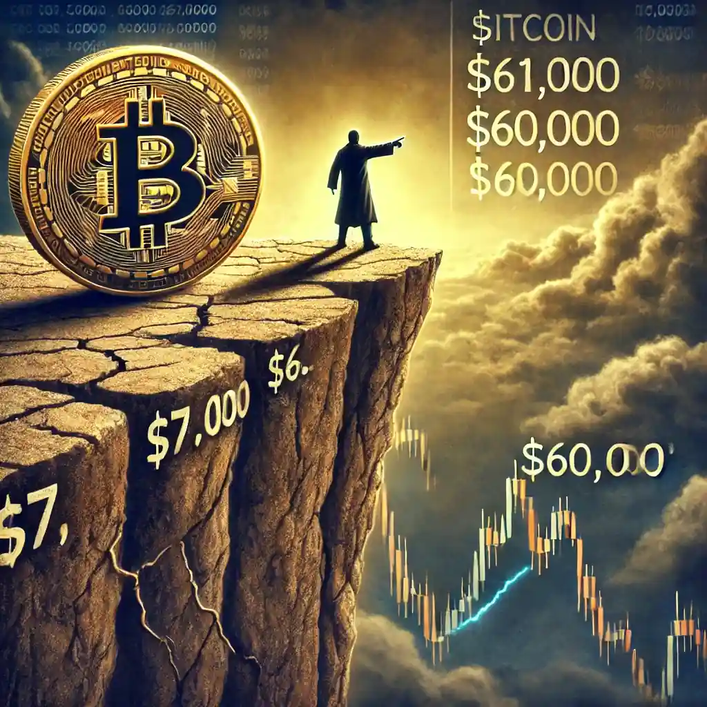 Dramatic illustration of Bitcoin on the edge of a cliff marked $71,000, symbolizing market risk.