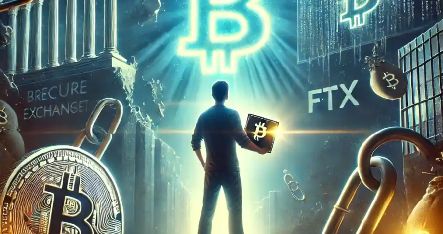 A symbolic digital illustration showing a person holding a secure Bitcoin wallet while failed crypto exchanges crumble in the background.