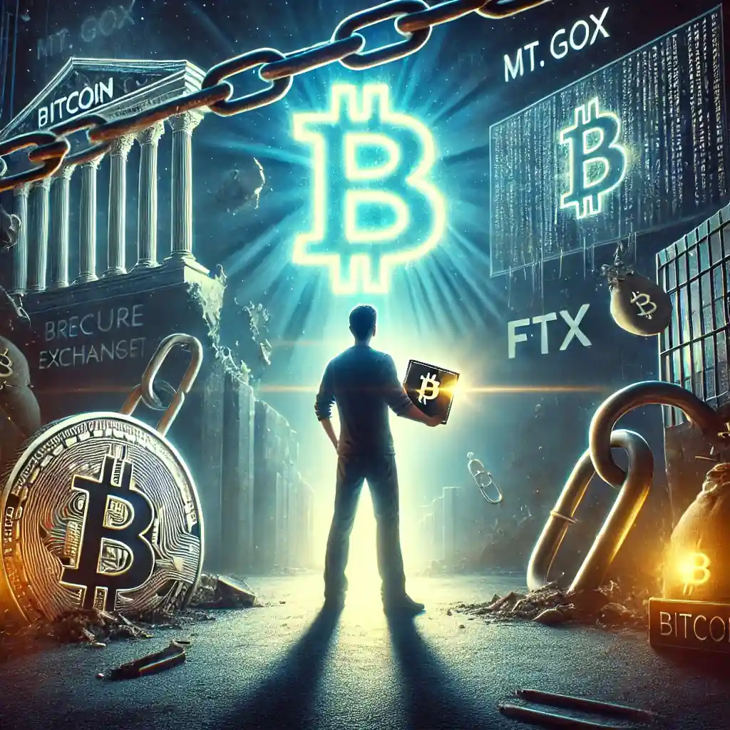 A symbolic digital illustration showing a person holding a secure Bitcoin wallet while failed crypto exchanges crumble in the background.