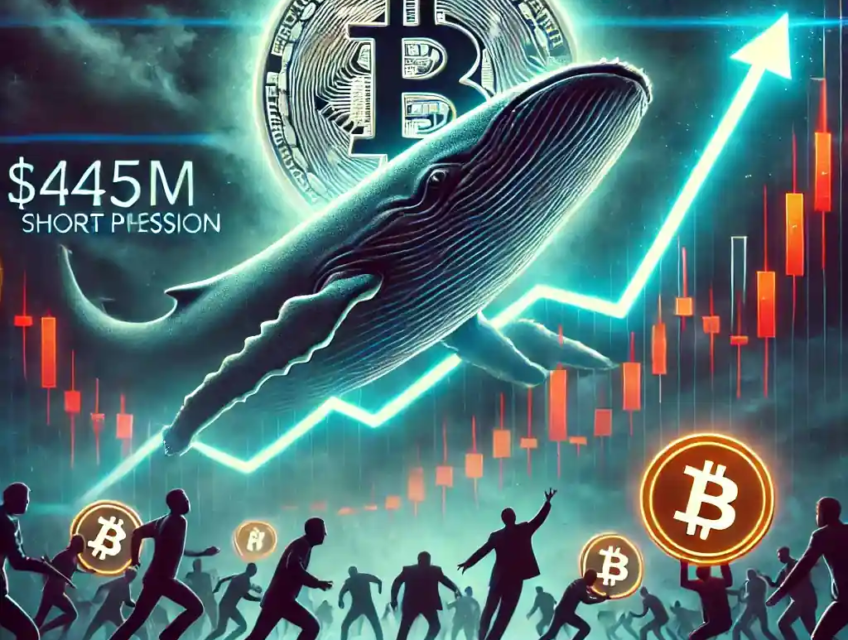A symbolic illustration of a massive Bitcoin short triggering market tension, with traders attempting a short squeeze at the $84,000 level.