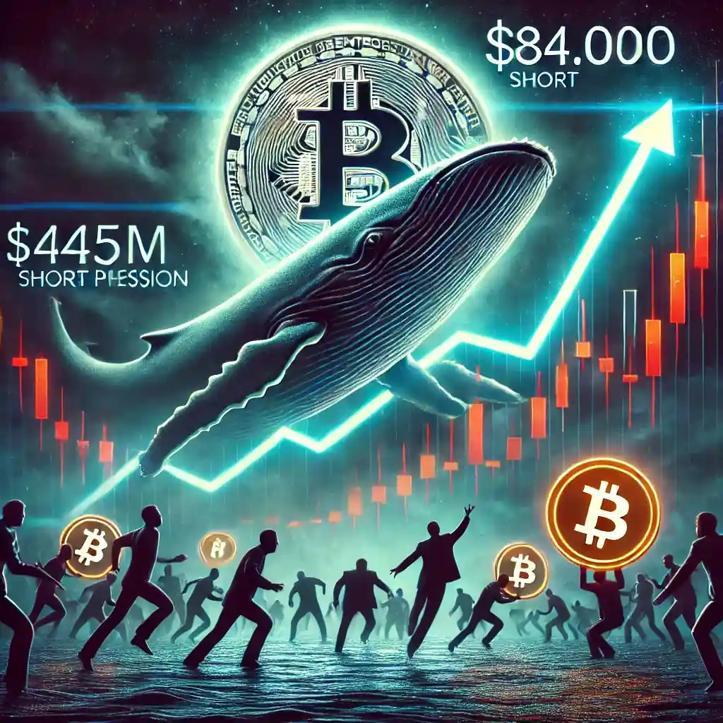A symbolic illustration of a massive Bitcoin short triggering market tension, with traders attempting a short squeeze at the $84,000 level.