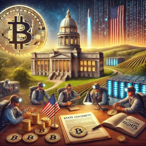 Illustration numérique symbolique du Kentucky adoptant une législation favorable au Bitcoin, avec le Capitole de l'État et un symbole Bitcoin intégré.