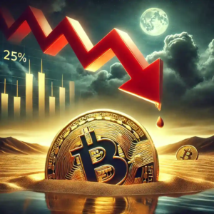 Illustration numérique d’un Bitcoin partiellement enfoui, fléché vers le bas, représentant une baisse de 25 % du marché.