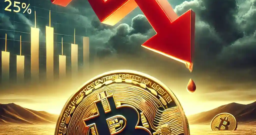 Illustration numérique d’un Bitcoin partiellement enfoui, fléché vers le bas, représentant une baisse de 25 % du marché.