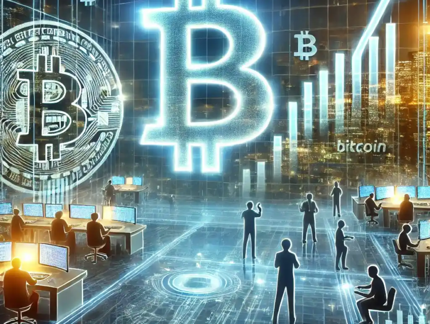 Illustration futuriste montrant une montée spectaculaire du Bitcoin avec des graphiques holographiques affichant une tendance haussière dans un environnement financier numérique.