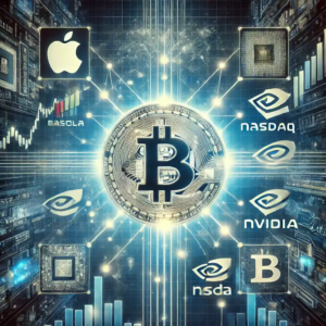 Illustration symbolique montrant le Bitcoin fusionnant avec les grandes valeurs technologiques du Nasdaq.