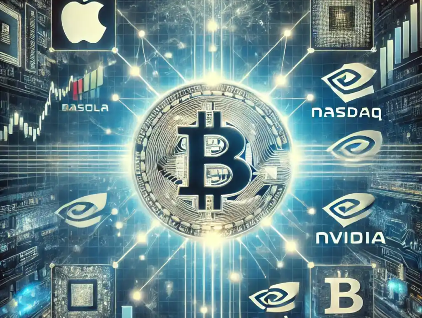 Illustration symbolique montrant le Bitcoin fusionnant avec les grandes valeurs technologiques du Nasdaq.