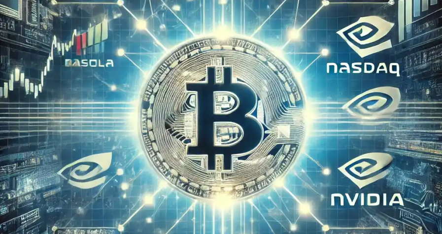 Illustration symbolique montrant le Bitcoin fusionnant avec les grandes valeurs technologiques du Nasdaq.