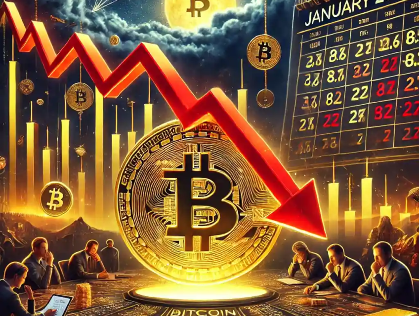 Dramatic illustration of a falling Bitcoin price with a stormy sky, red arrows, financial chart, and gold vs. Bitcoin debate imagery.