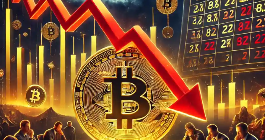 Dramatic illustration of a falling Bitcoin price with a stormy sky, red arrows, financial chart, and gold vs. Bitcoin debate imagery.