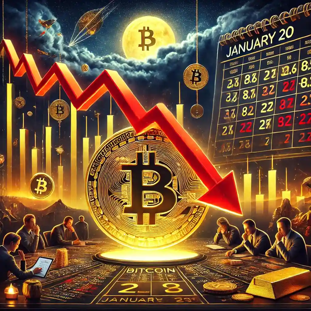 Dramatic illustration of a falling Bitcoin price with a stormy sky, red arrows, financial chart, and gold vs. Bitcoin debate imagery.