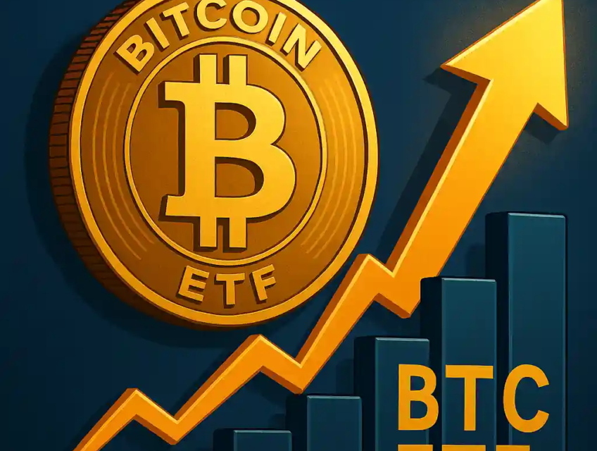 A digital illustration showing BlackRock’s logo, a gold Bitcoin symbol labeled "ETF", and an upward financial arrow over bar charts labeled "BTC ETF Shares".