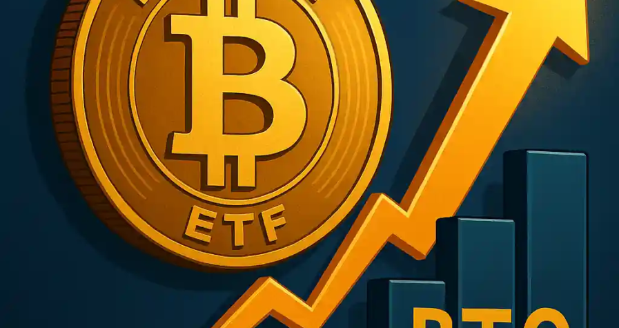 A digital illustration showing BlackRock’s logo, a gold Bitcoin symbol labeled "ETF", and an upward financial arrow over bar charts labeled "BTC ETF Shares".