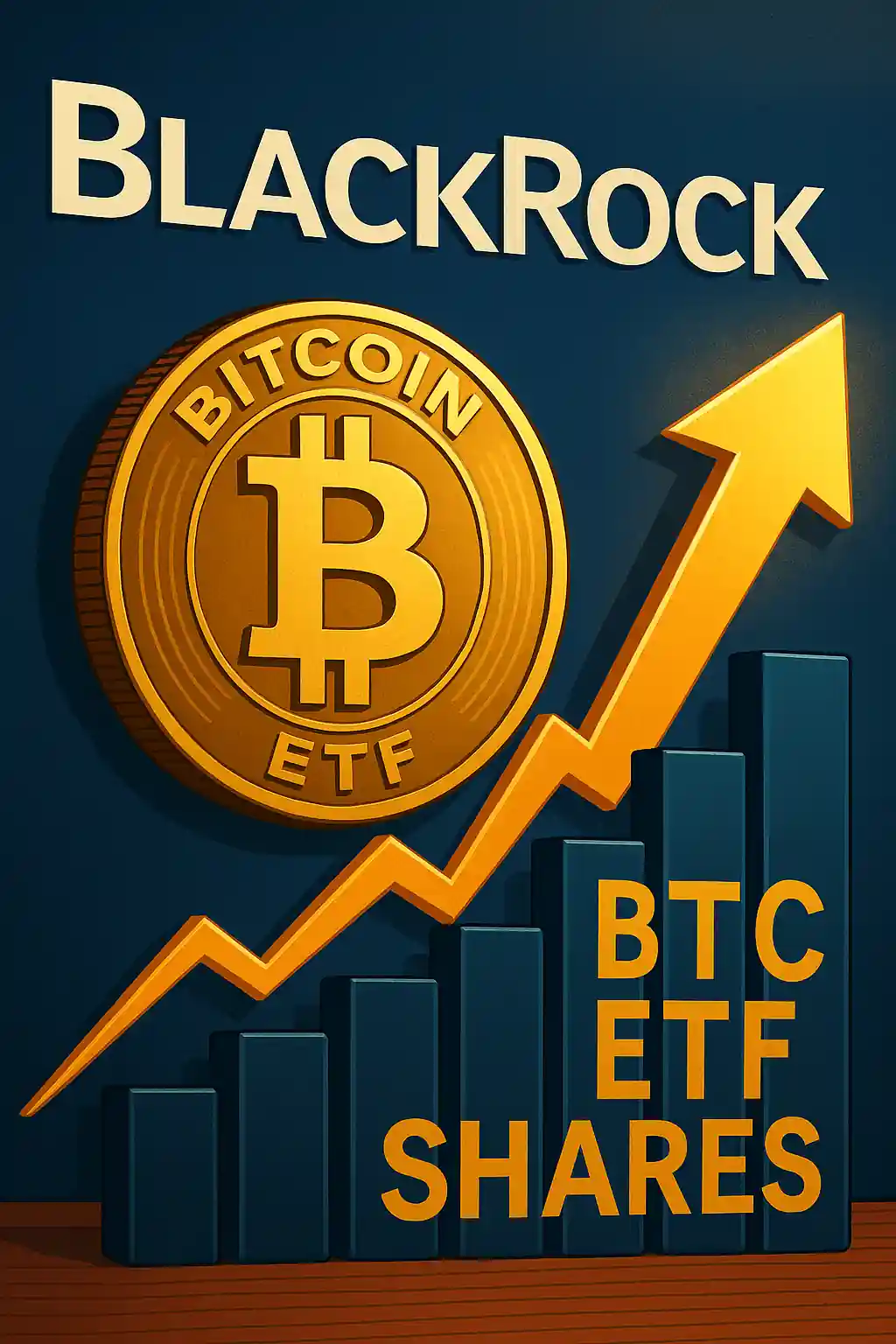 A digital illustration showing BlackRock’s logo, a gold Bitcoin symbol labeled "ETF", and an upward financial arrow over bar charts labeled "BTC ETF Shares".