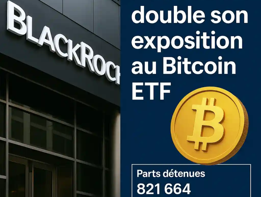 Infographie montrant le siège de BlackRock avec des données clés sur son investissement dans un ETF Bitcoin