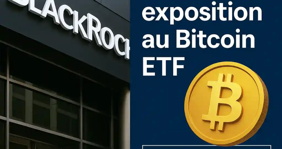 Infographie montrant le siège de BlackRock avec des données clés sur son investissement dans un ETF Bitcoin